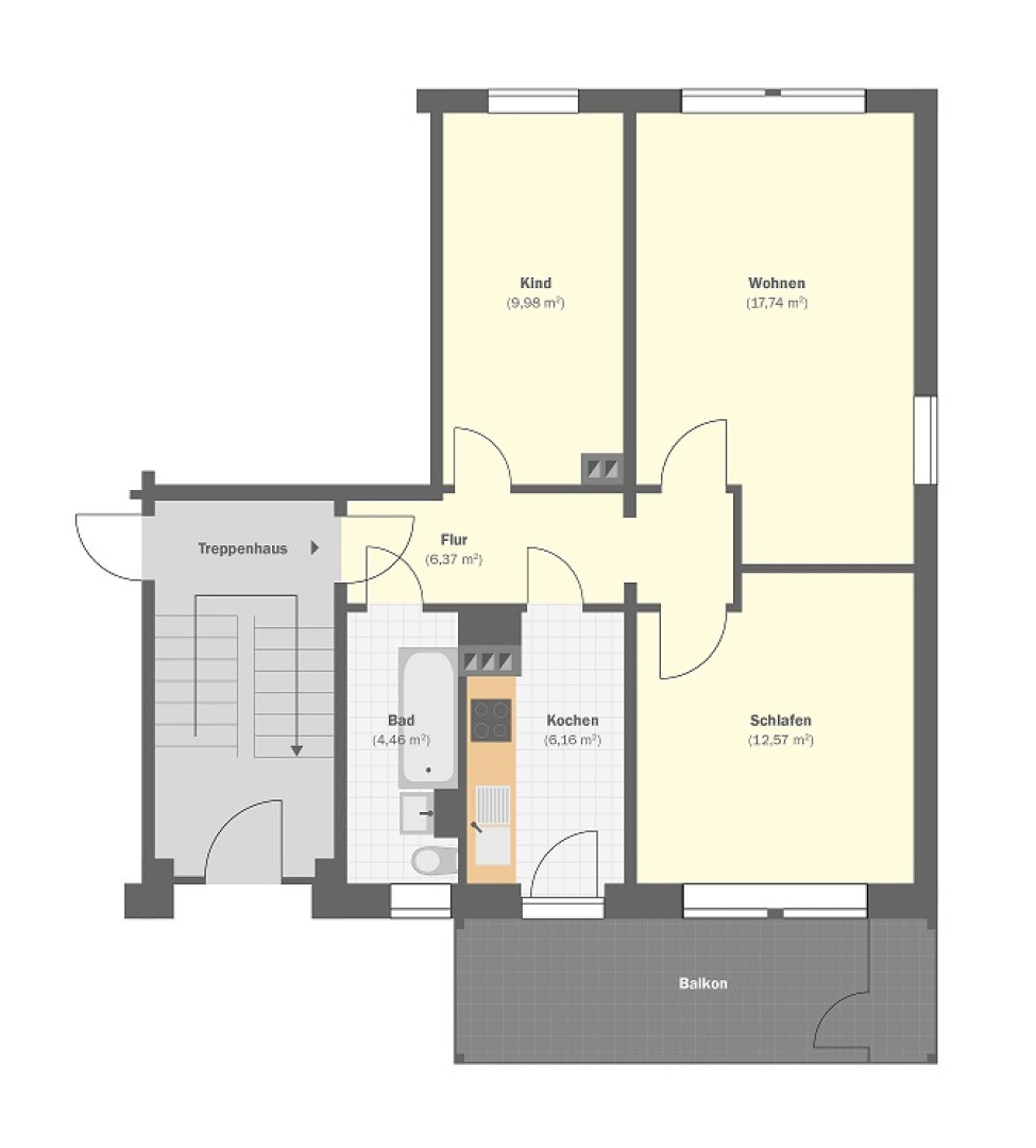 Wohnung, 3 Zimmer (59,43 m²) - Photo 5