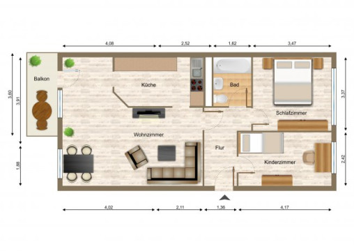 Grundriss - Wohnung, 3 Zimmer (69,02 m²), Eichenstraße 12, Gera