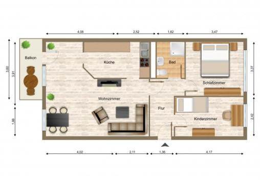 Grundriss - Wohnung, 3 Zimmer (69,02 m²), Platanenstraße 12, Gera