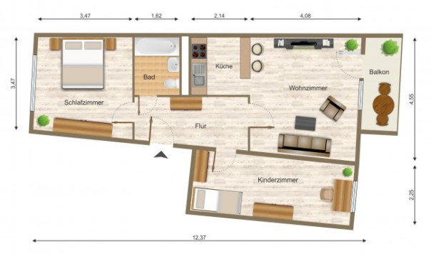 Grundriss - Wohnung, 3 Zimmer (61,64 m²), Elsterberger Straße 31, Gera