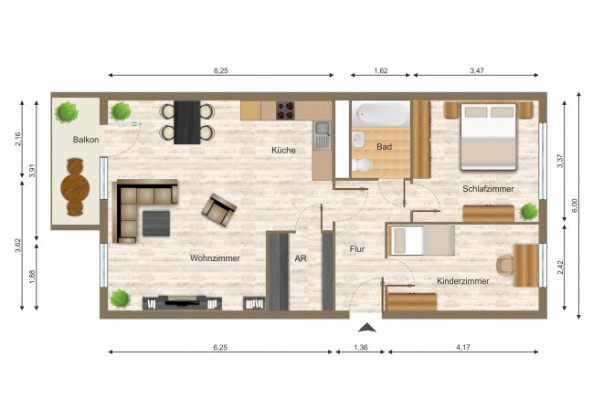 Grundriss Wohnung, 3 Zimmer (69,02 m²), Eichenstraße 12, Gera