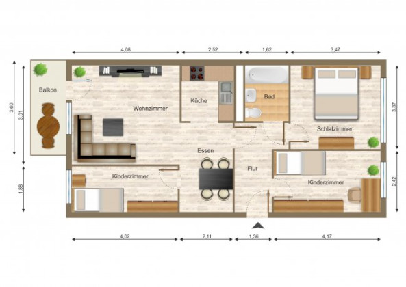 Grundriss Wohnung, 4 Zimmer (69,02 m²), Platanenstraße 14, Gera