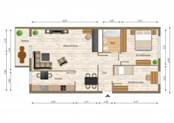 Grundriss Wohnung, 3 Zimmer (69,02 m²), Eichenstraße 14, Gera