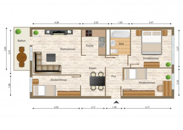Grundriss Wohnung, 4 Zimmer (69,02 m²), Platanenstraße 32, Gera