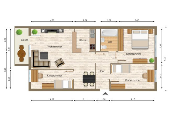 Grundriss Wohnung, 4 Zimmer (69,02 m²), Eichenstraße 20, Gera