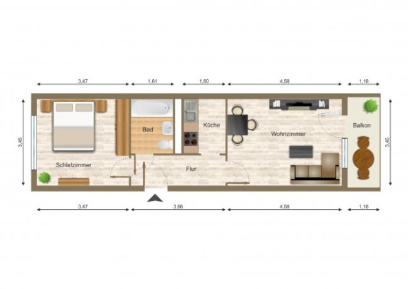 Grundriss Wohnung, 2 Zimmer (41,49 m²), Eichenstraße 24, Gera