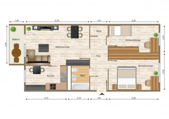 Grundriss Wohnung, 3 Zimmer (69,07 m²), Saalfelder Straße 19, Gera