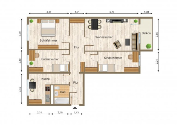 Grundriss Wohnung, 4 Zimmer (88,95 m²), Elsterberger Straße 19, Gera