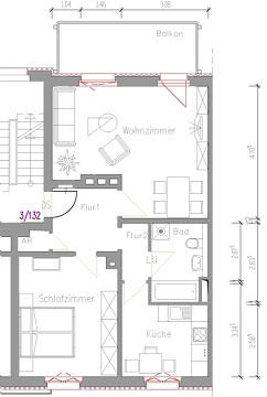 Grundriss - Wohnung, 2 Zimmer (64,44 m²), Herweghstraße 3, Gera