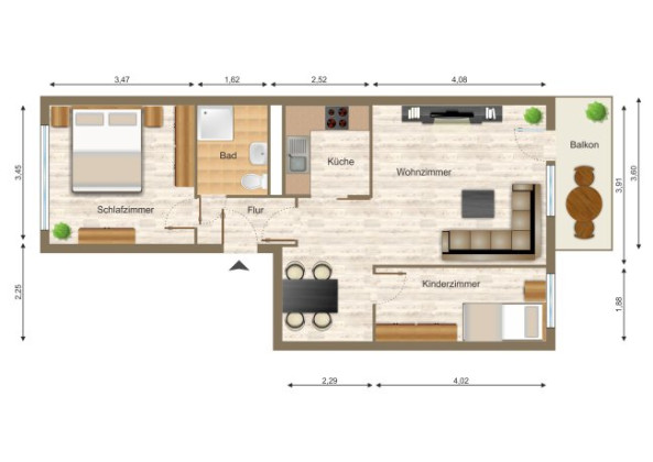 Grundriss Wohnung, 3 Zimmer (56,39 m²), Platanenstraße 18, Gera