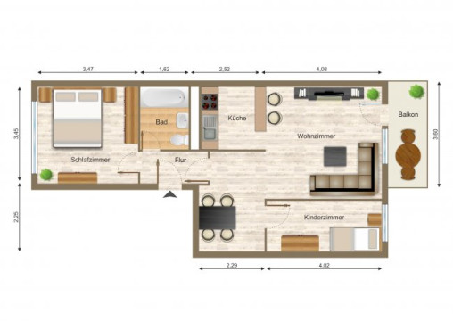 Grundriss - Wohnung, 3 Zimmer (56,39 m²), Lärchenstraße 15, Gera