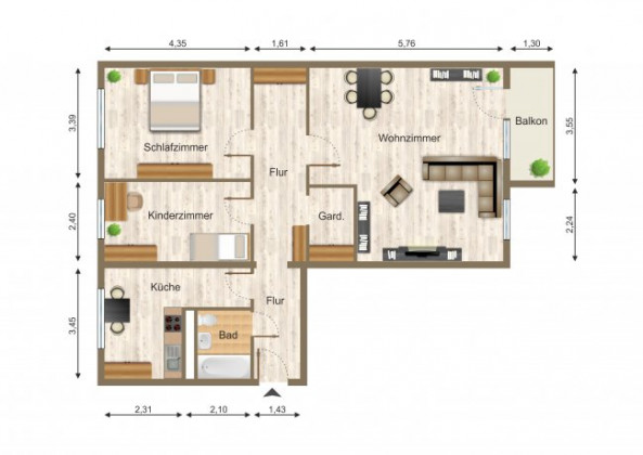 Grundriss Wohnung, 3 Zimmer (88,95 m²), Saalfelder Straße 1, Gera